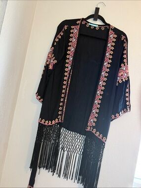 Melissa Odabash - Boho Black Embroidered Fringe Kimono Cardigan